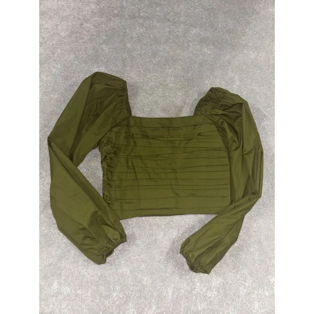 Abercrombie Long-Sleeve Ruched Bodice Puff Sleeve Top Green Medium Smocked NWOT - Image 3