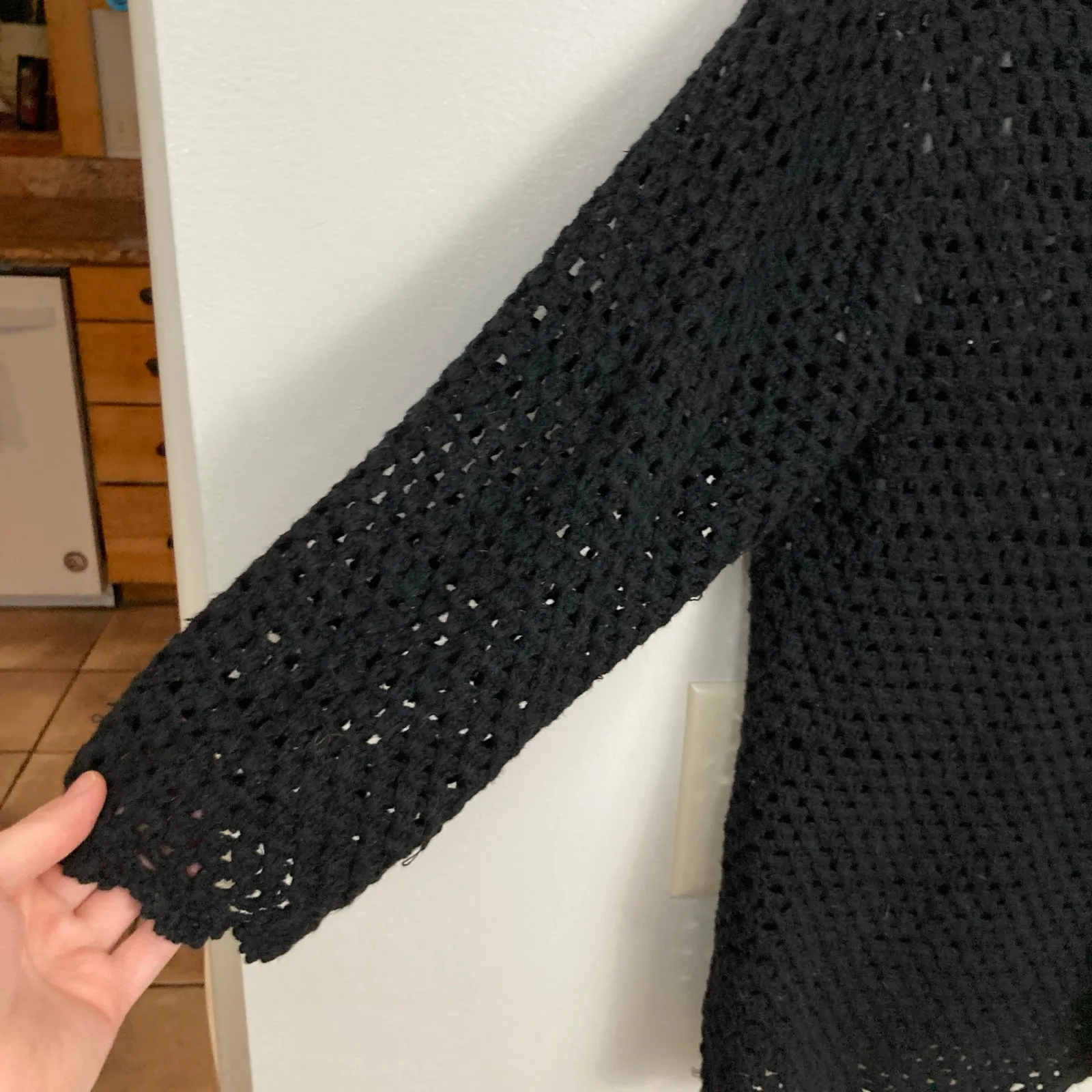 VTG 90s Black Crochet Linen Blend Cardigan Womens L Open Knit Whimsigoth Boho Size L - Image 4