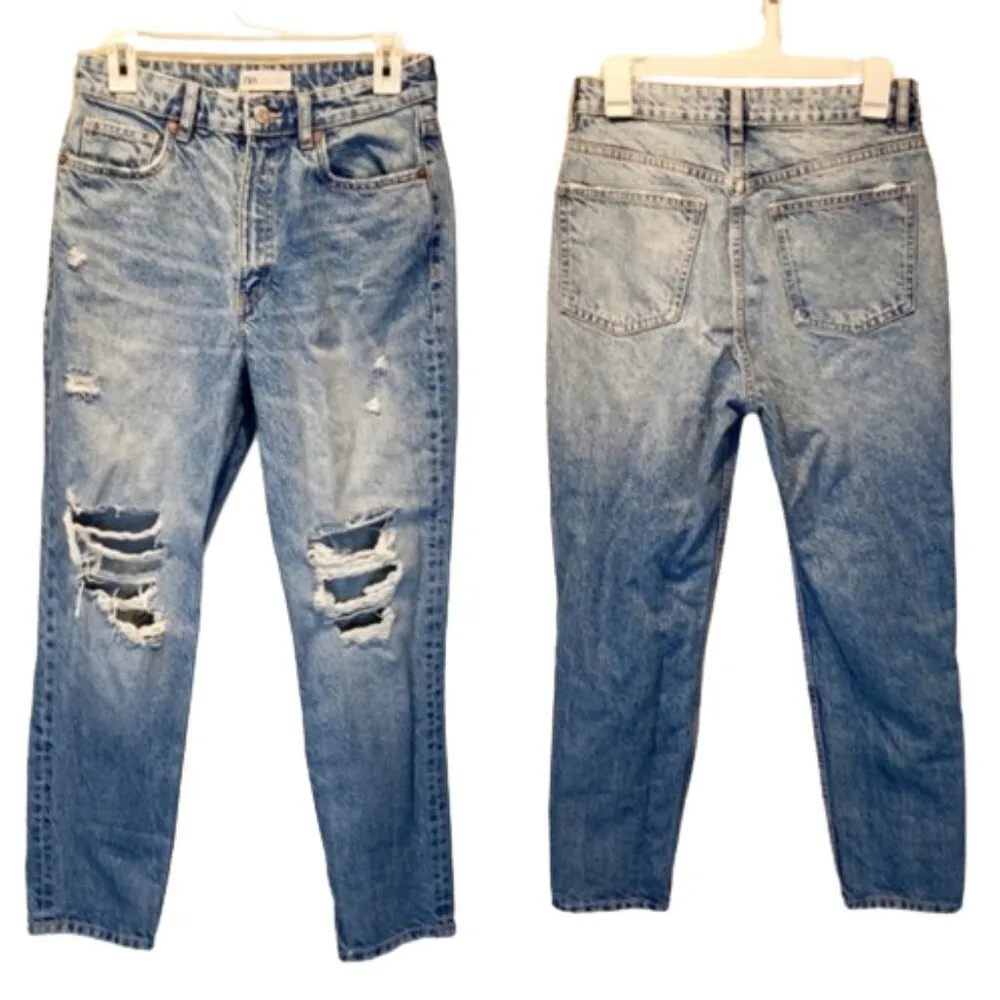 Zara Ripped Mom Jeans Size 6 Acid Wash Slightly Tapered Distressed High Rise - Image 3