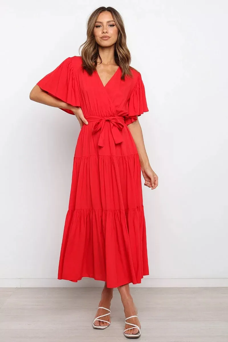 Bright Red V-neck Flutter Sleeve Midi Dress - Image 2