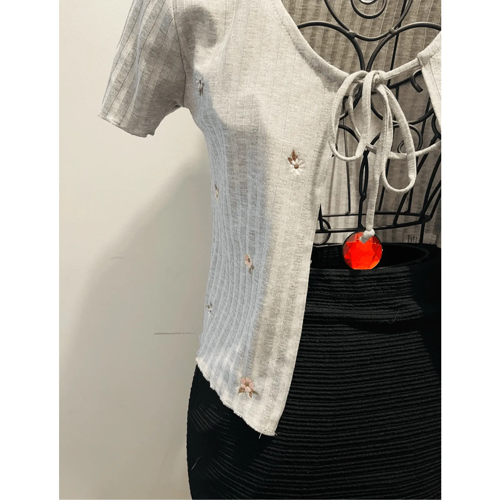 New With Tags Front Tie Gray Embroidered open Tee - Image 7