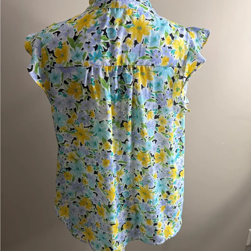 Pleione Floral Ruffle Sleeve Blouse - Yellow and Blue - Image 7