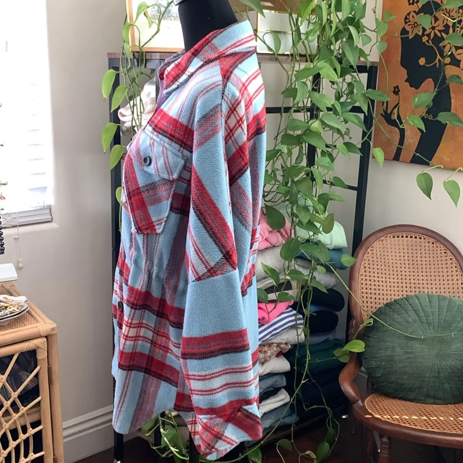 Free People We The Free Down For You Turquoise Combo Plaid Shacket Shirt - Image 2