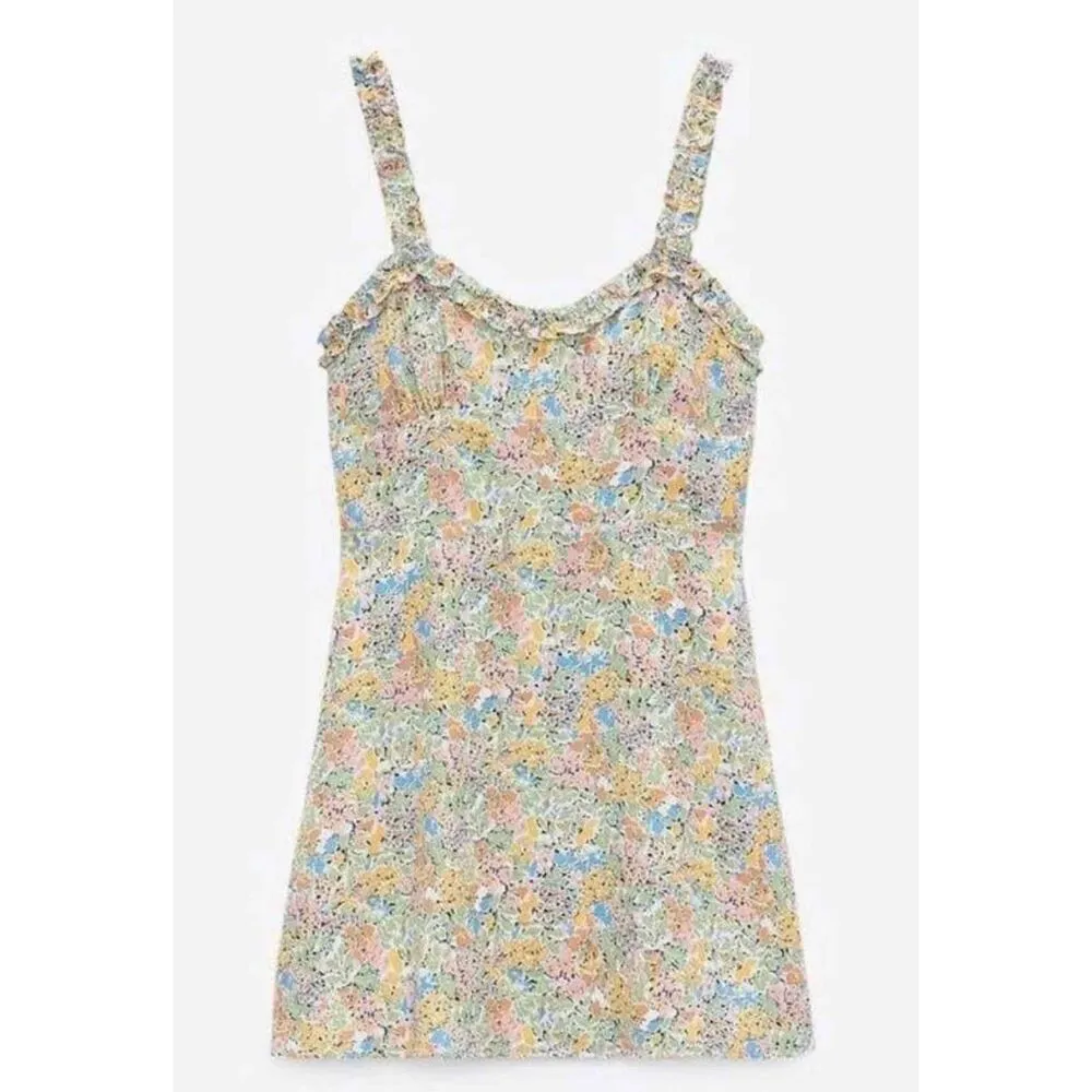 Zara Floral Ruffle Strap Sweetheart Neck mini Dress Small Colorful - Image 5