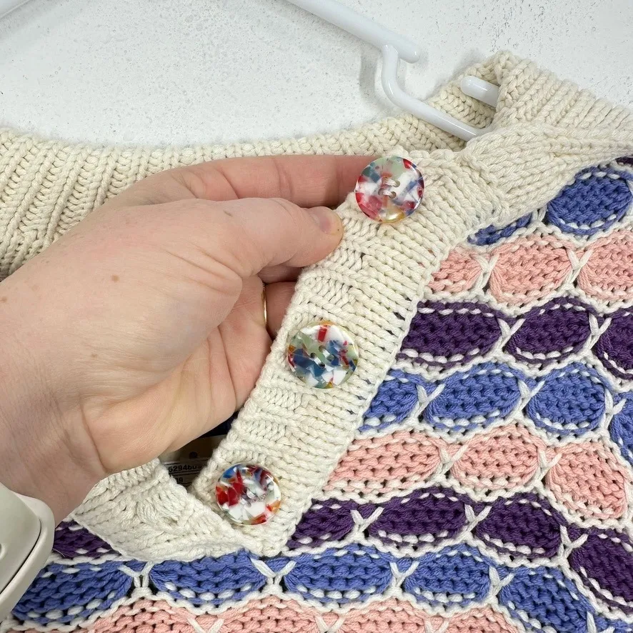 Find Me Now Knit Sweater M/L Colorful Open Weave Pullover Button Collar Boxy Fit Tan Size M - Image 4