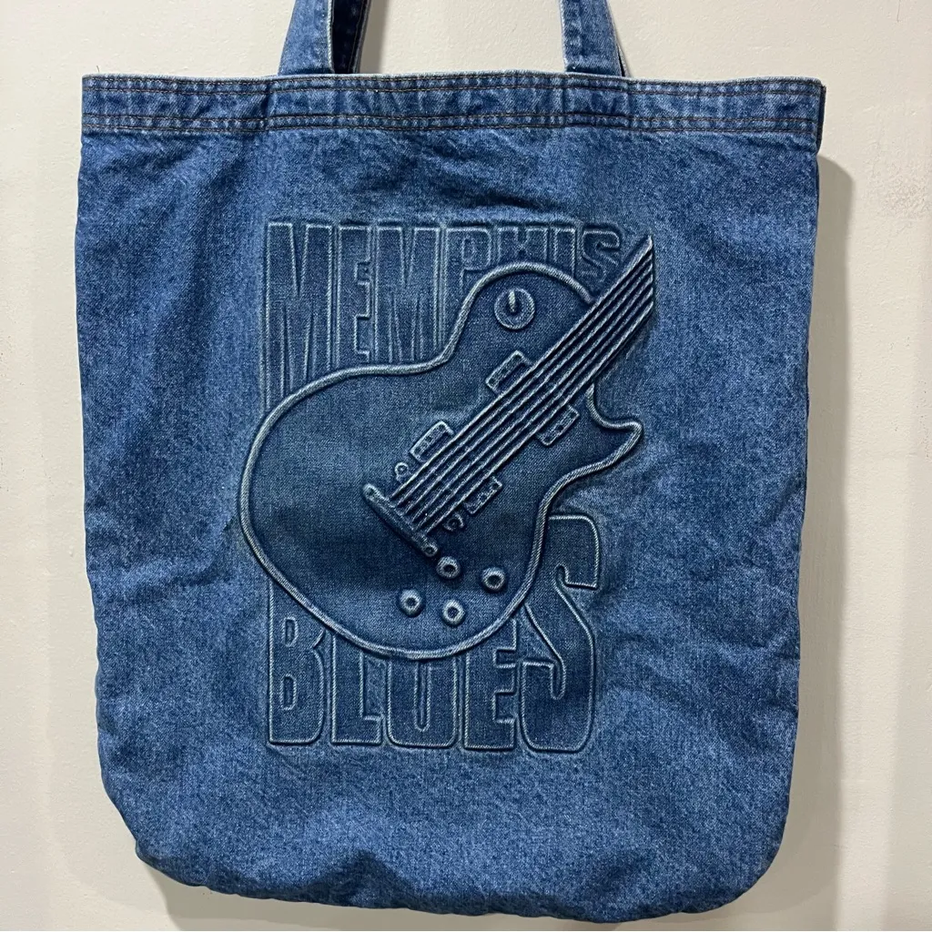 Tyca Large Denim Tote Bag Memphis Blues Embossed Denim Med Blue 19" x 21.5" - Image 3