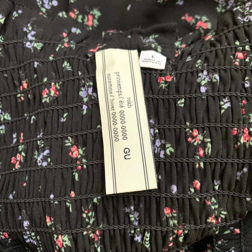 Rokh x GU (Uniqlo) Smocking Camisole Ruffle Dress in Black Floral Size L - Image 10