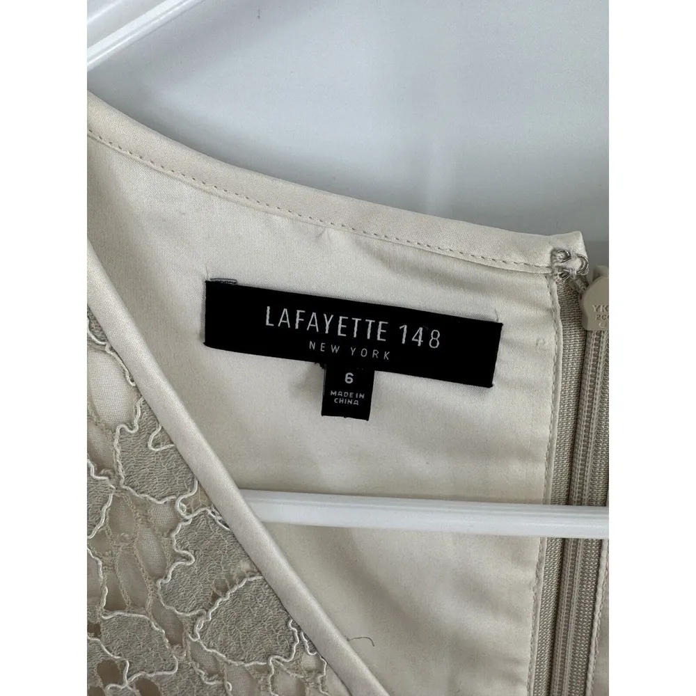 Lafayette 148 New York Women's Sleeveless V Neck Lace Overlay Dress 6 Bone Cream Tan - Image 5