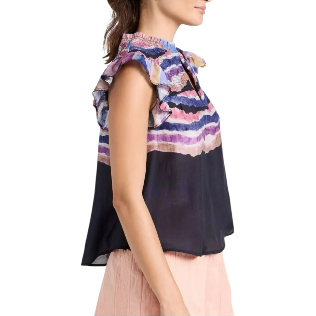 Chufy Northern Lights Kaia Navy Watercolor Top size Small Ruffle Tie Dye Stripes Blue - Image 2