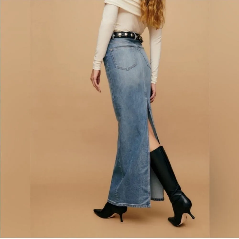 Reformation Cotton Blue Wash Daria Ultra High Rise Denim Maxi Skirt Merritt 26 - Image 8