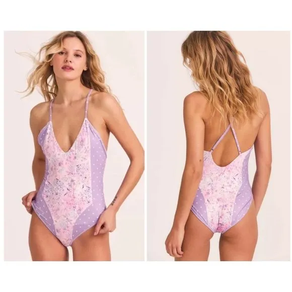 💕LOVESHACKFANCY💕 Shailee One-Piece Swimsuit ~ Purple Pansy Print Large L NWOT - Image 2