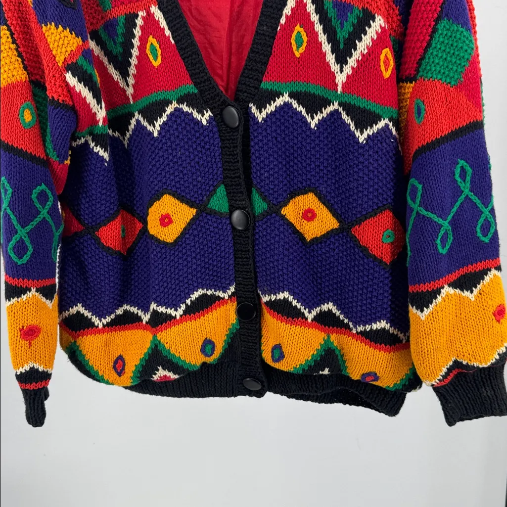 I.B. Diffusion Women's Black Red Cardigan Sweater lined vintage 90s geometric M Size M - Image 7