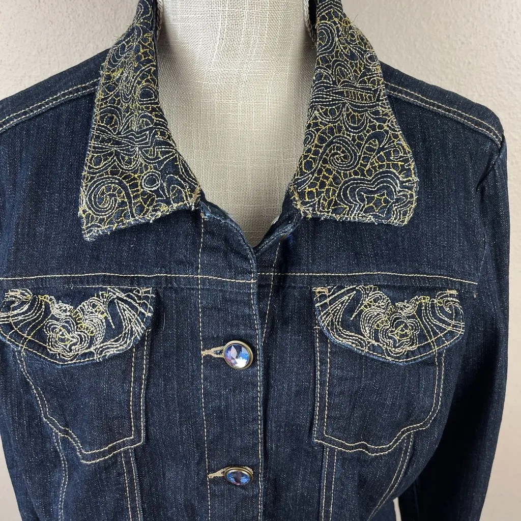 Jeanstar Ramie Blend Embroidered Jean Jacket Womens Sz L Blue Button Up Pockets Size L - Image 5