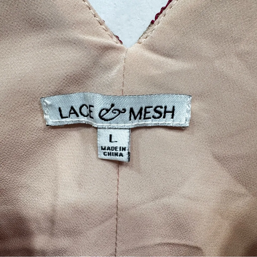 Nude/Red Stitched Floral Lace Overlay Sleeveless High Waist Dress by Lace & Mesh Tan Size L - Image 8