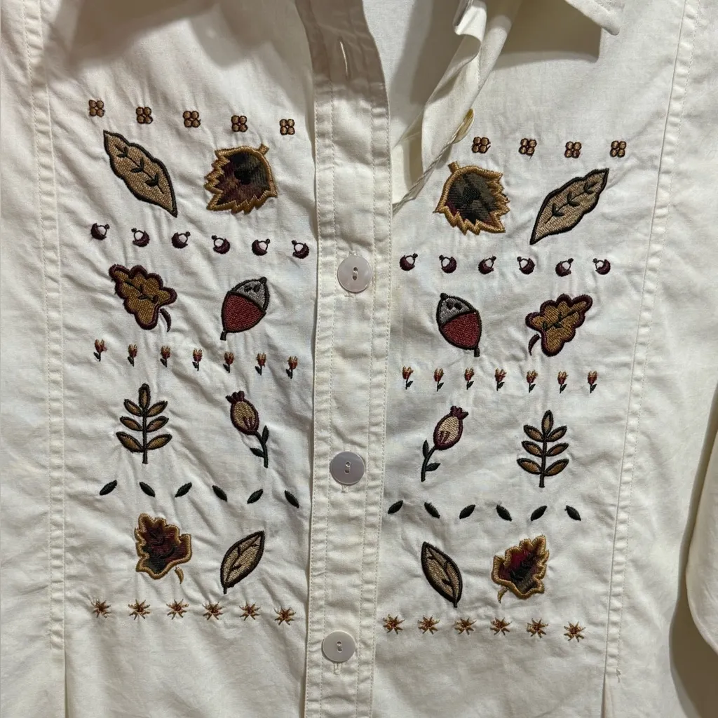 Woolrich Button-Up Embroidered Cotton Top Fall Leaf Motif Sz M - Image 8