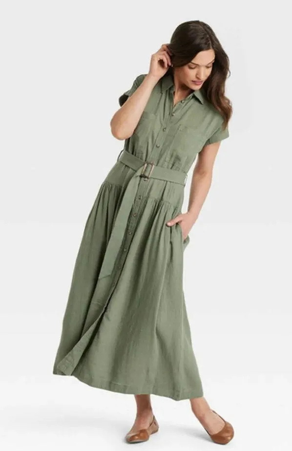 Short Sleeve Belted Midi Shirtdress Universal Thread Olive Green Linen XXL NWT - Image 2