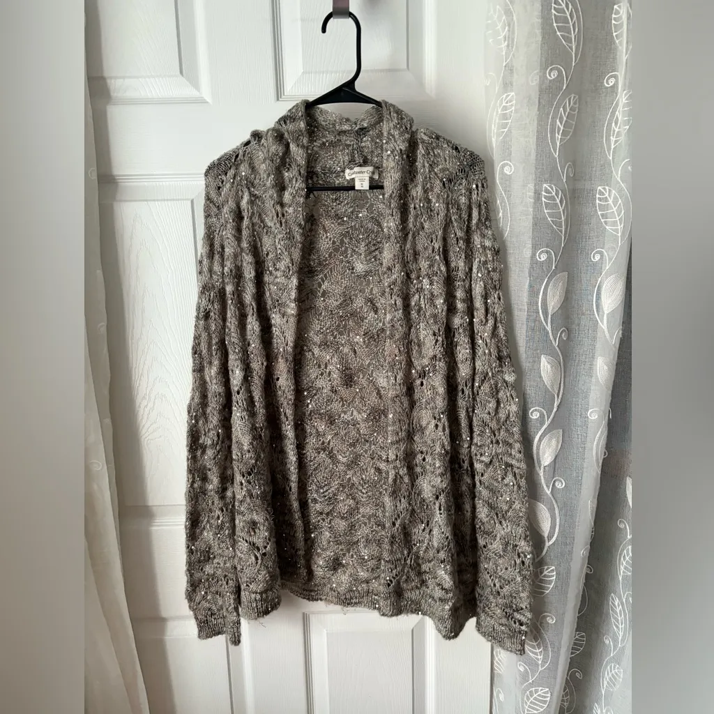 Coldwater Creek Cardigan sequin sz XL Open Front Hip Length Loose Knit 7% mohair - Image 2