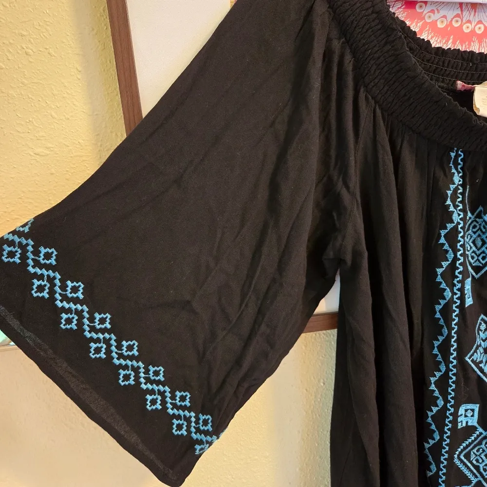 Flying Tomato Off Shoulder Dress Black with Turquoise Embroidery 2X - Image 3