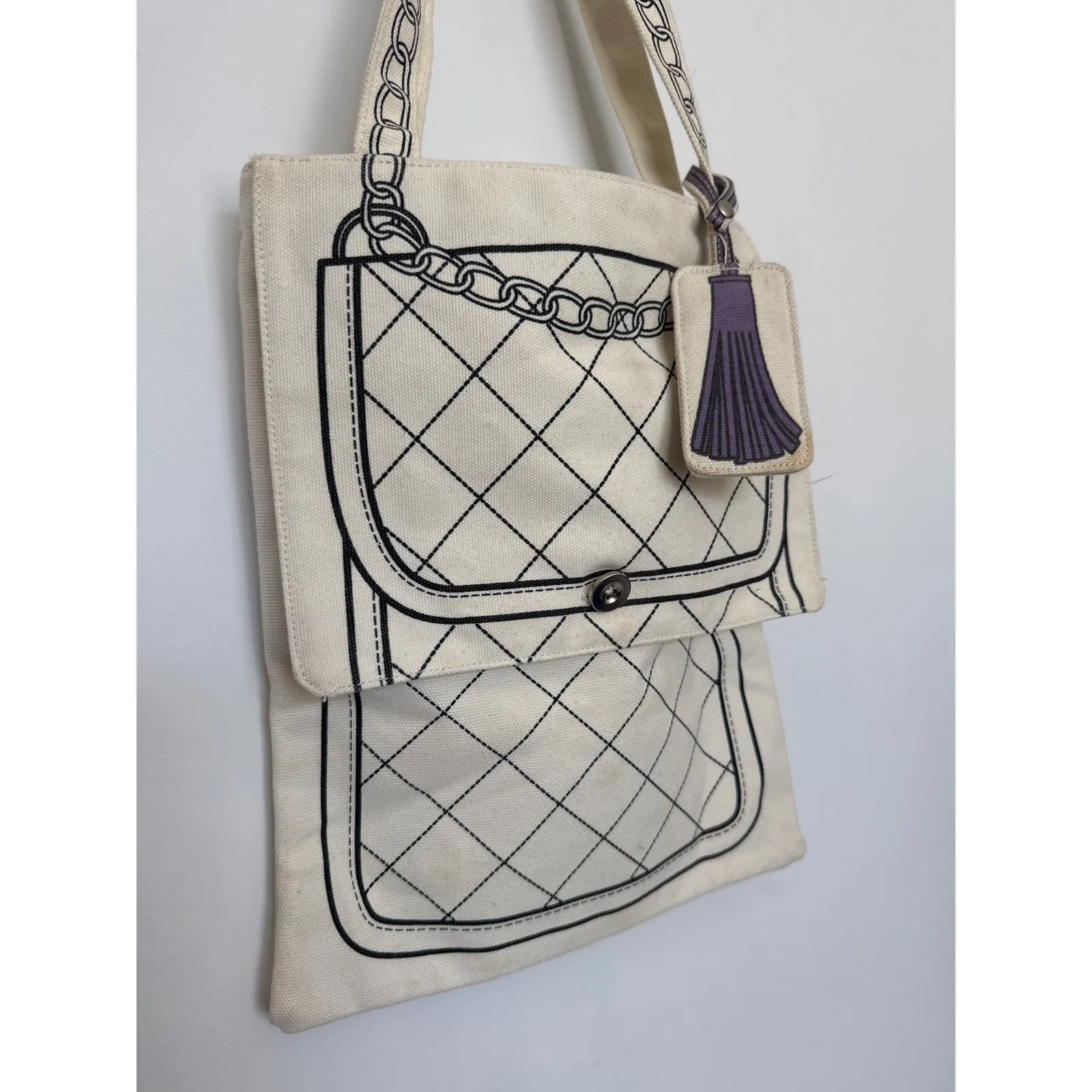 Vintage Borders Books Illustrated cream Canvas Tote Bag Purse Print 100% Cotton Black - Image 6