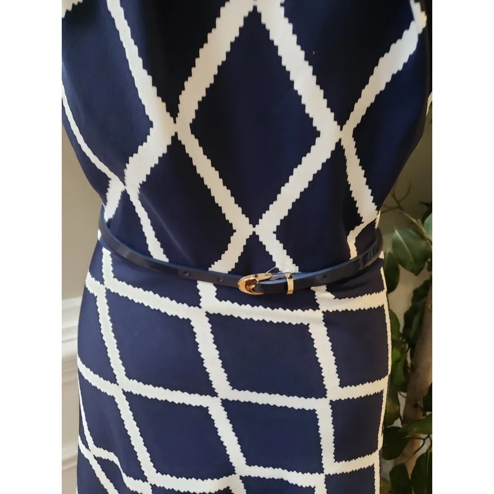 AGB Sheath Dress Women's 14W Blue & White Round Neck Sleeveless Belted Pullover Size undefined - Image 9