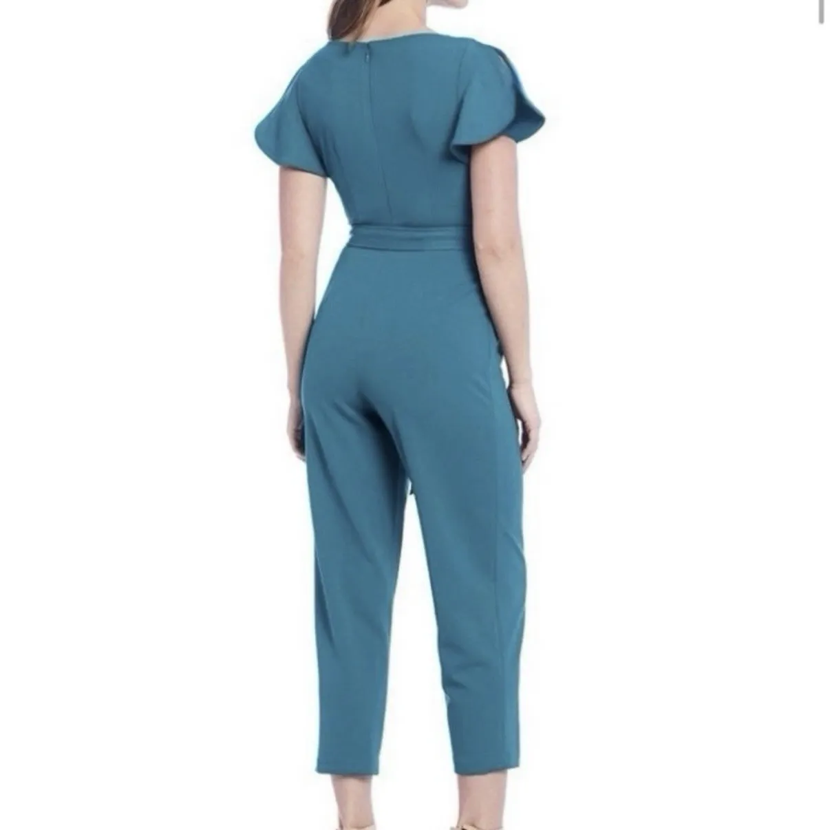 Calvin Klein Teal Tulip Sleeve Belted Stretch Crepe Cropped Leg Jumpsuit Size 10 - Image 3
