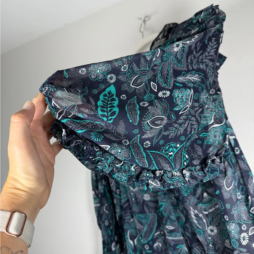 Anthropologie Haida Boho Peasant Blue Floral Semi Sheer Blouse Women’s Size S - Image 9