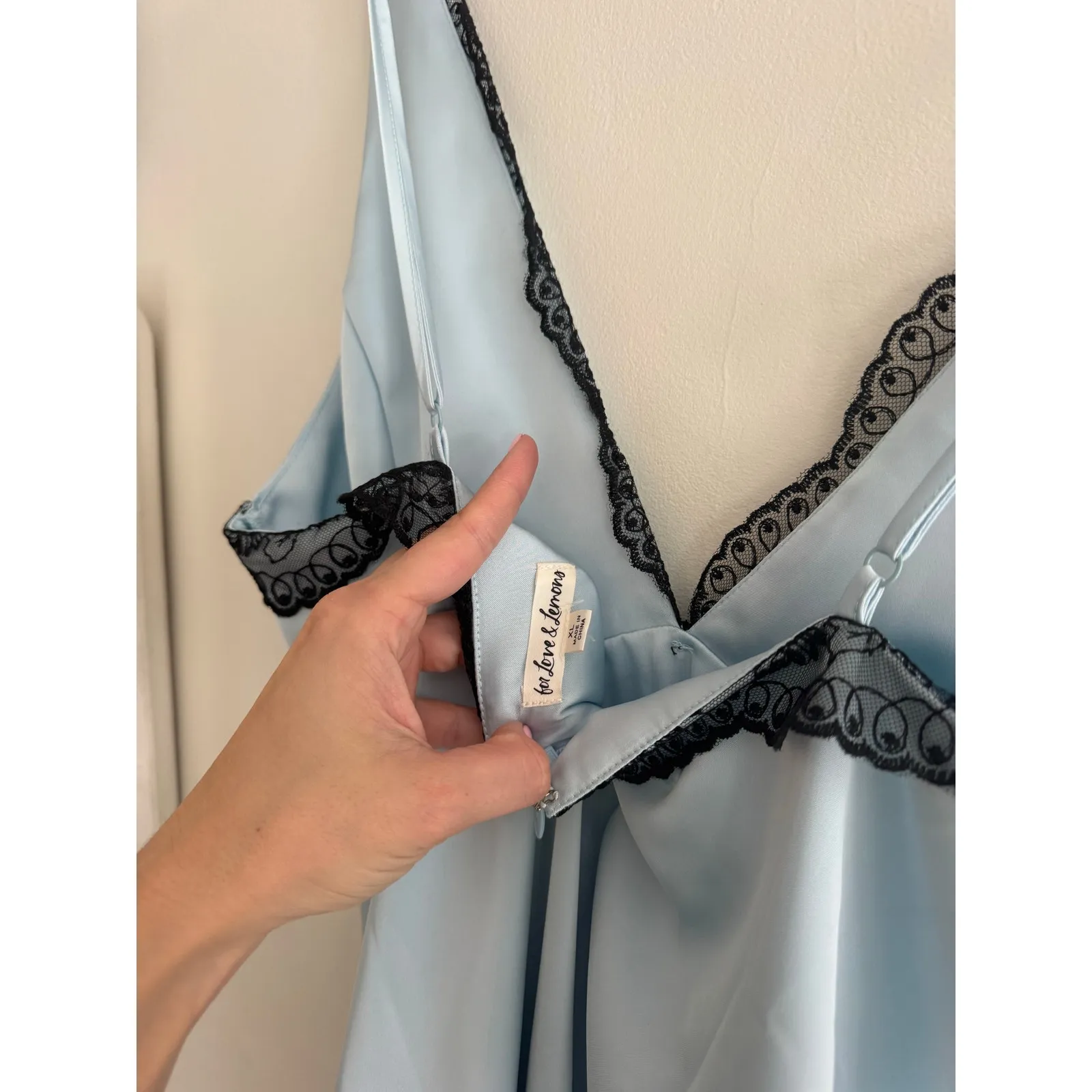 FOR LOVE & LEMONS Mariella Lace Trim Satin Maxi Dress in Blue Size XL - Image 9