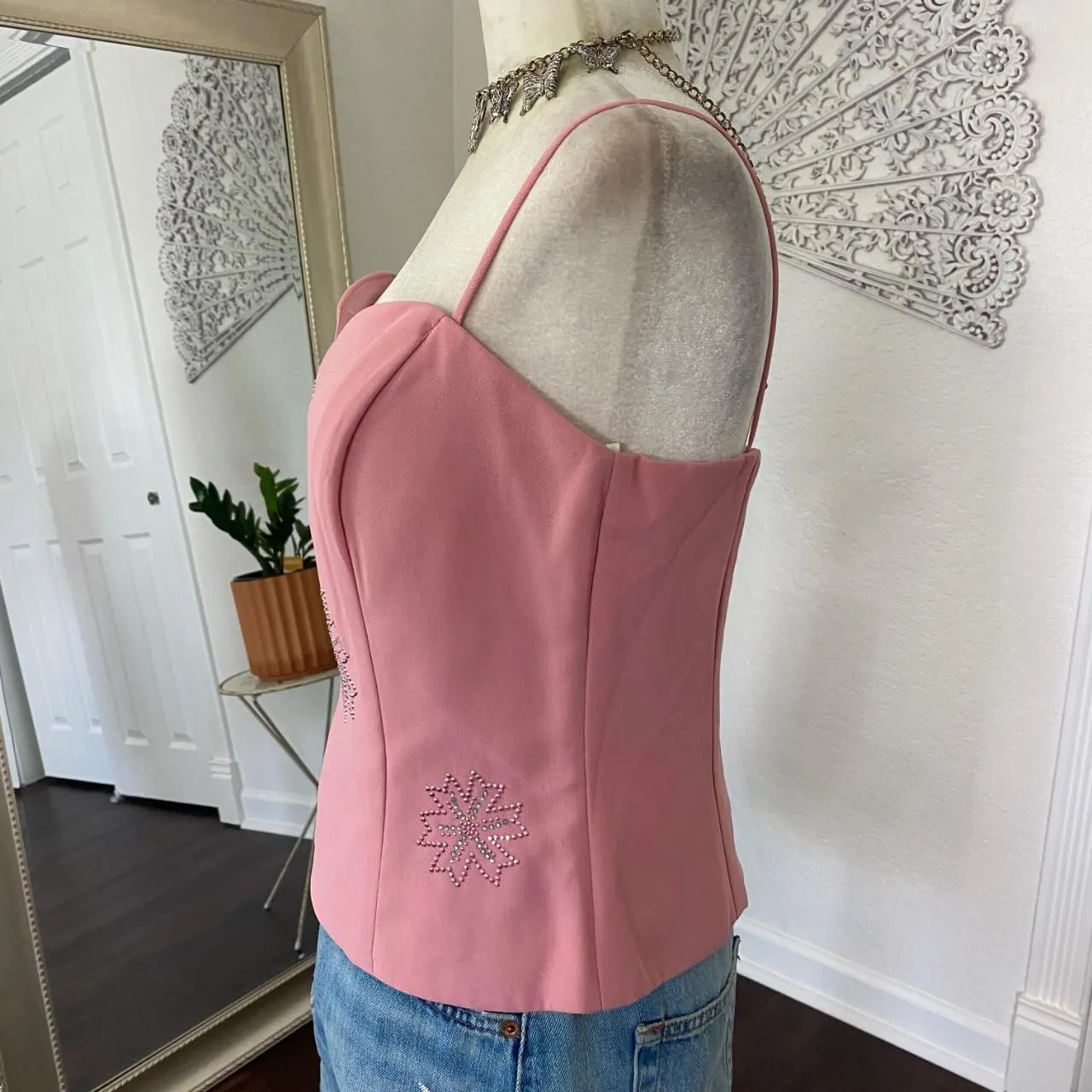 Vintage Made in USA Fairy Coquette Pink Beaded Sequin Corset Cami Top L Size L - Image 6