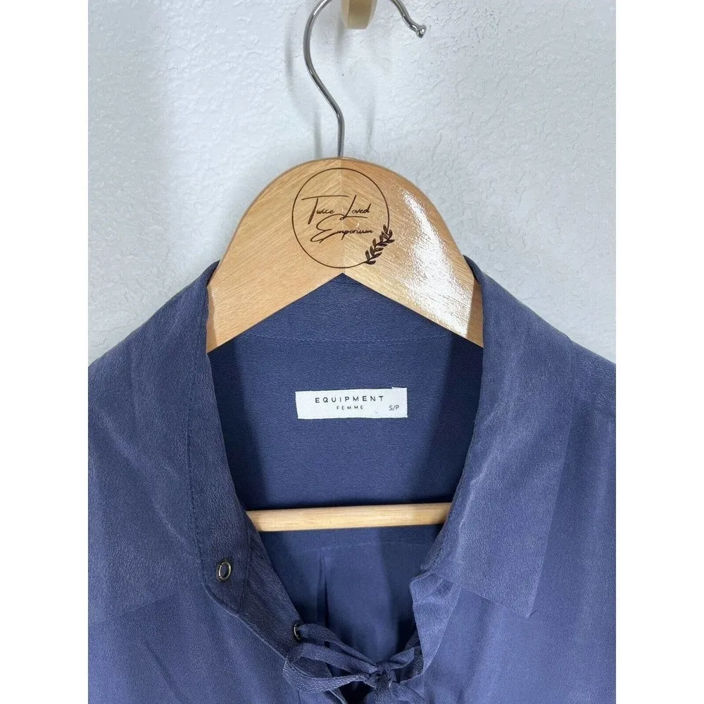 Equipment Knox Silk Lace Up Top Small S Navy Blue Long Sleeves - Image 3