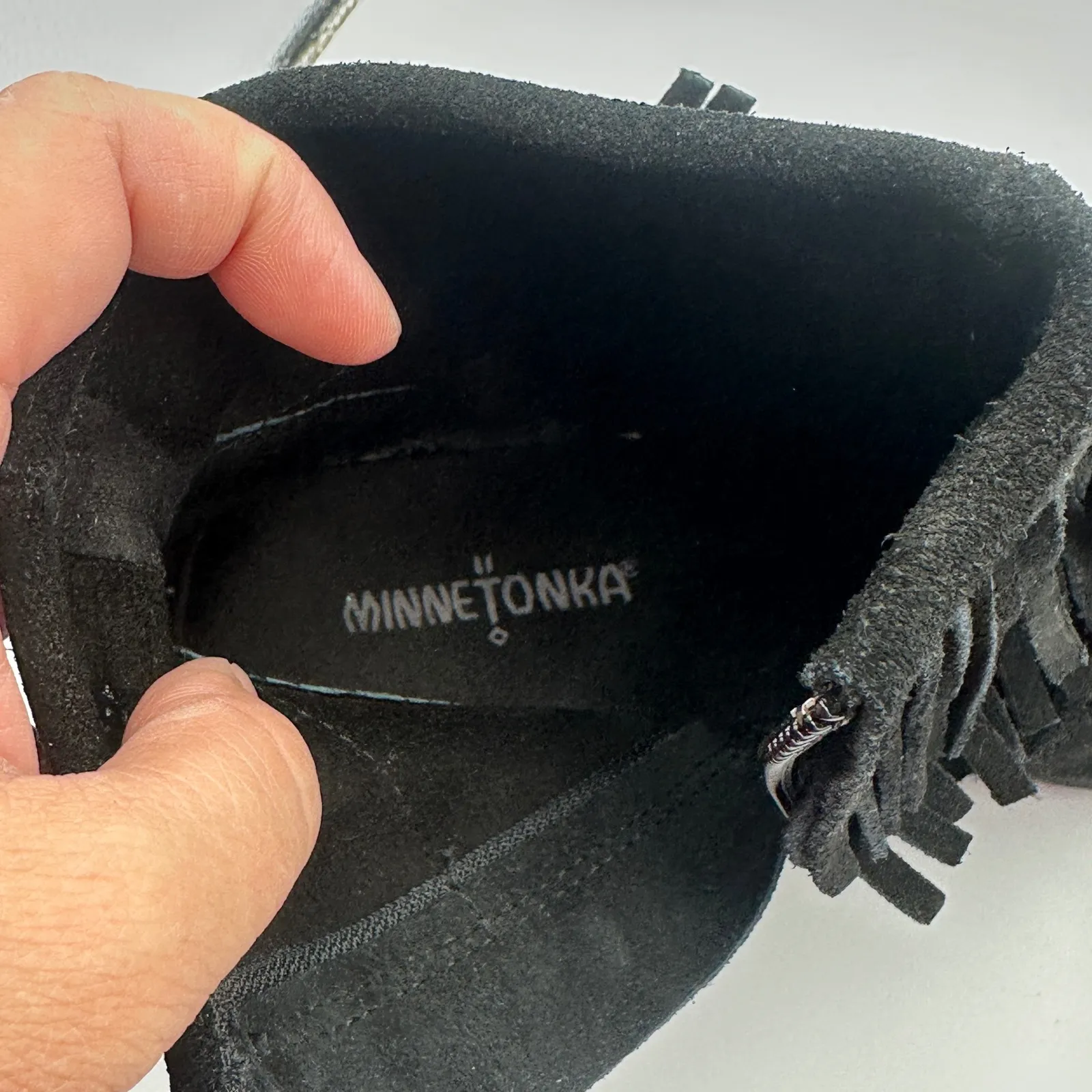 Minnetonka Black Suede Leather Fringe Ankle Wedge Booties Women 7.5‎ Festive - Image 8