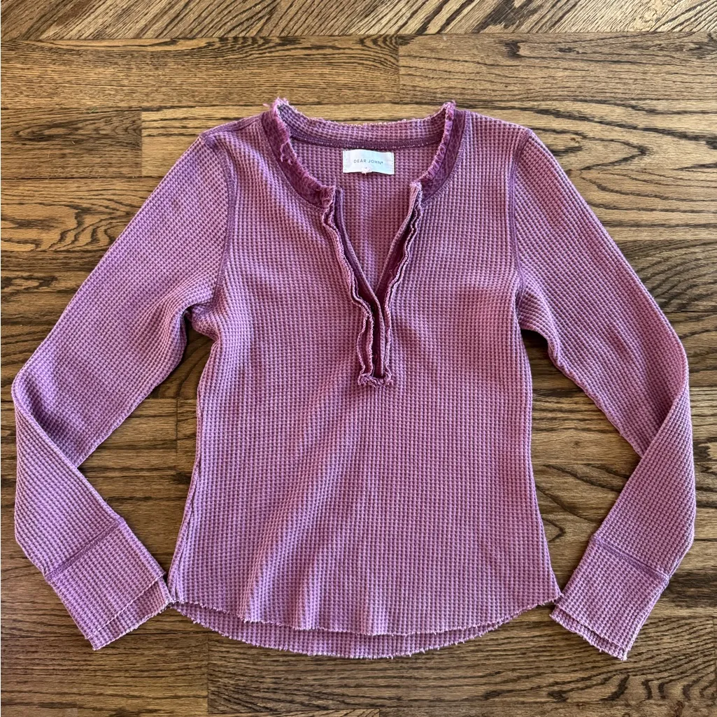 Dear John Plum Berry Waffle Knit Cotton Blend Raw Hem Henley Long Sleeve S - Image 2