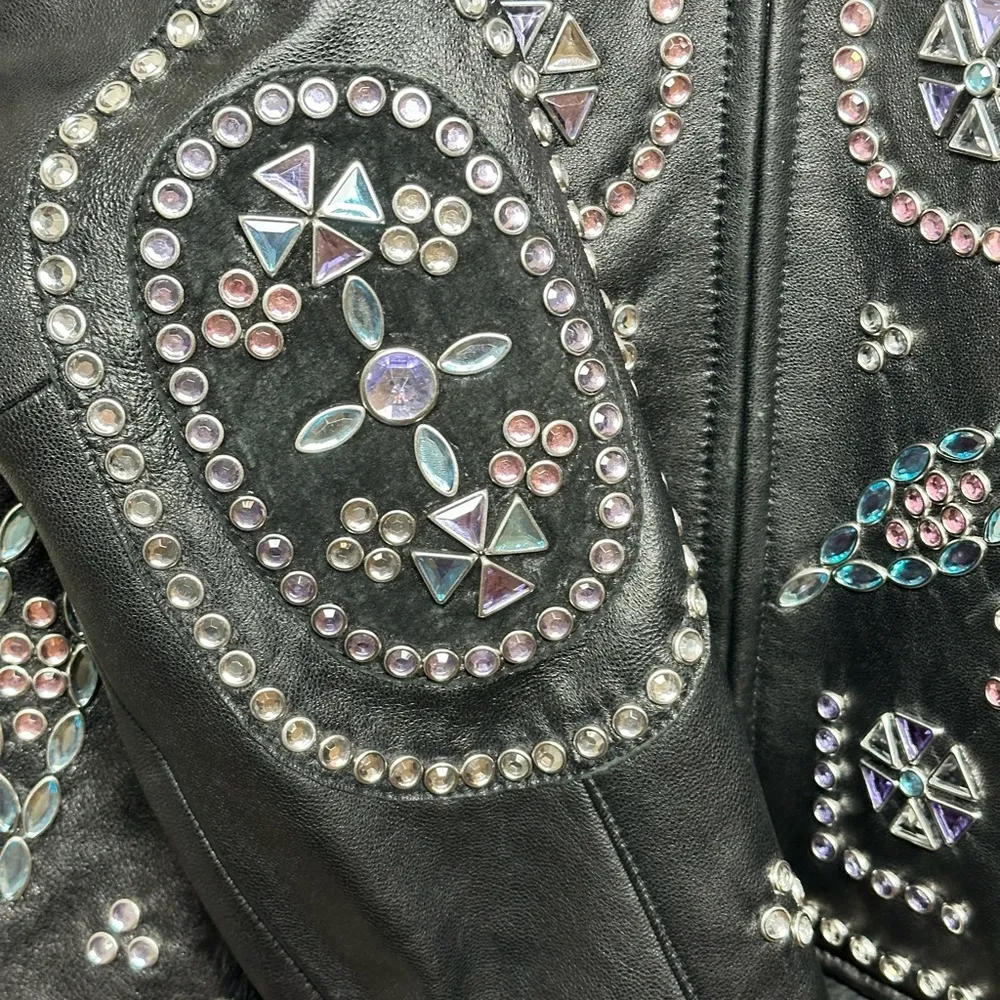 Cripple Creek Genuine Leather Rhinestone and Fur Jacket Black size Medium - Image 4