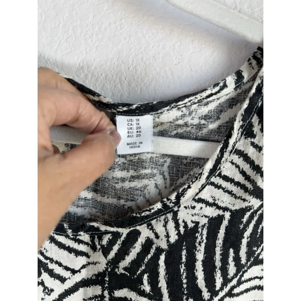 Nicole Miller 100% Linen Black Palm Print Top Size 1X Tropical Coastal Lagenlook - Image 6