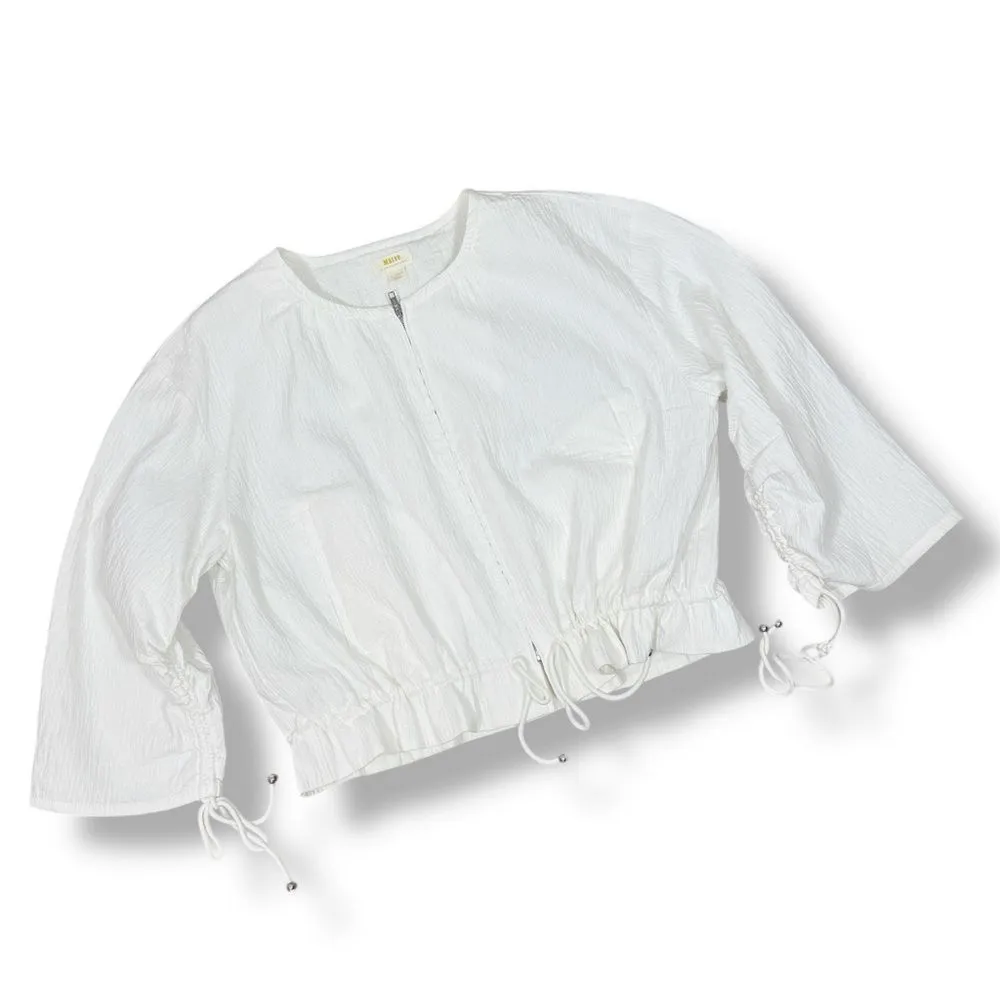 Maeve Anthropologie Beach Parachute Bomber Jacket White XL Scrunch Tie Zip Front - Image 15