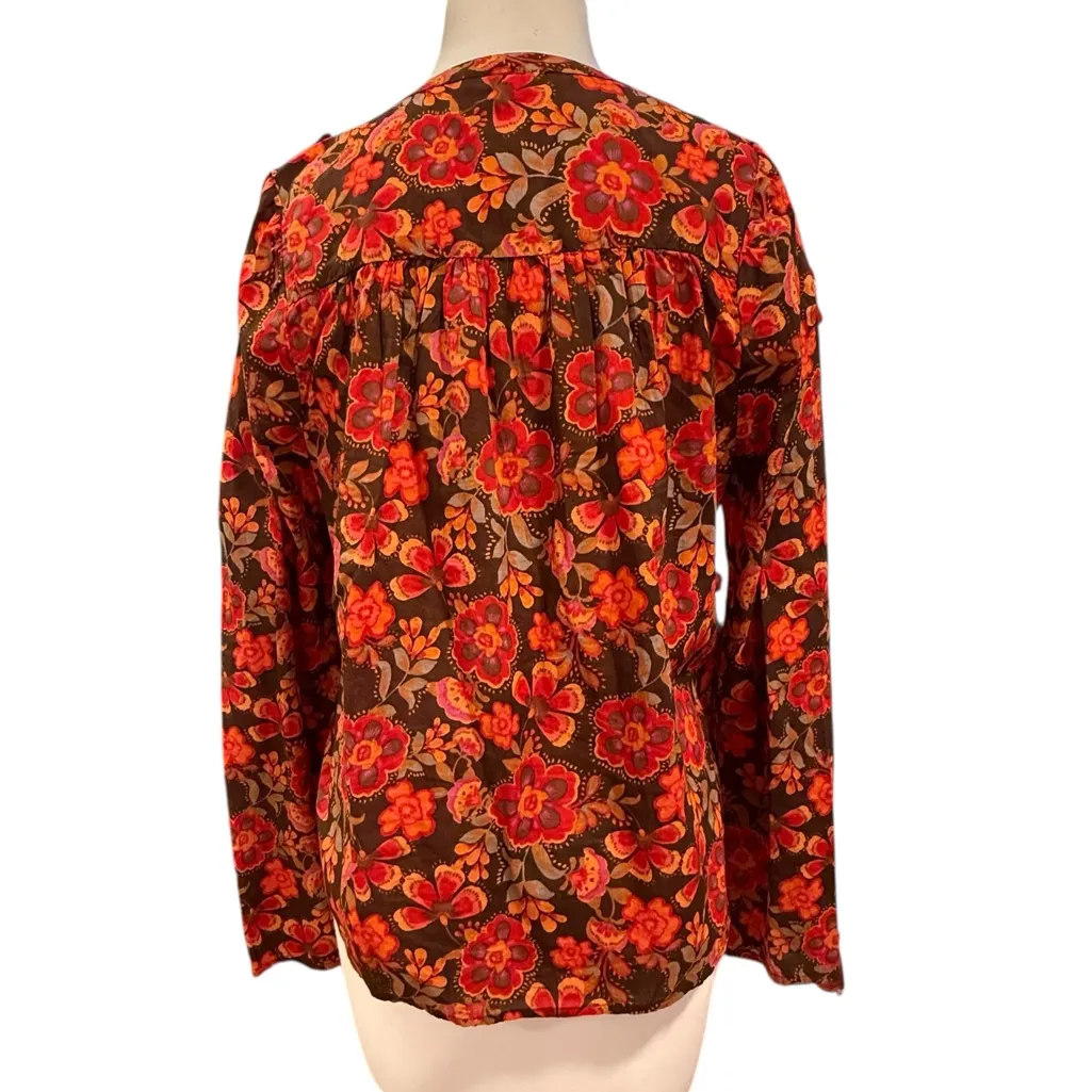 Sundry Anthropologie Floral Button Down Puff Sleeve Blouse Brown Red Size 1 (S) - Image 5