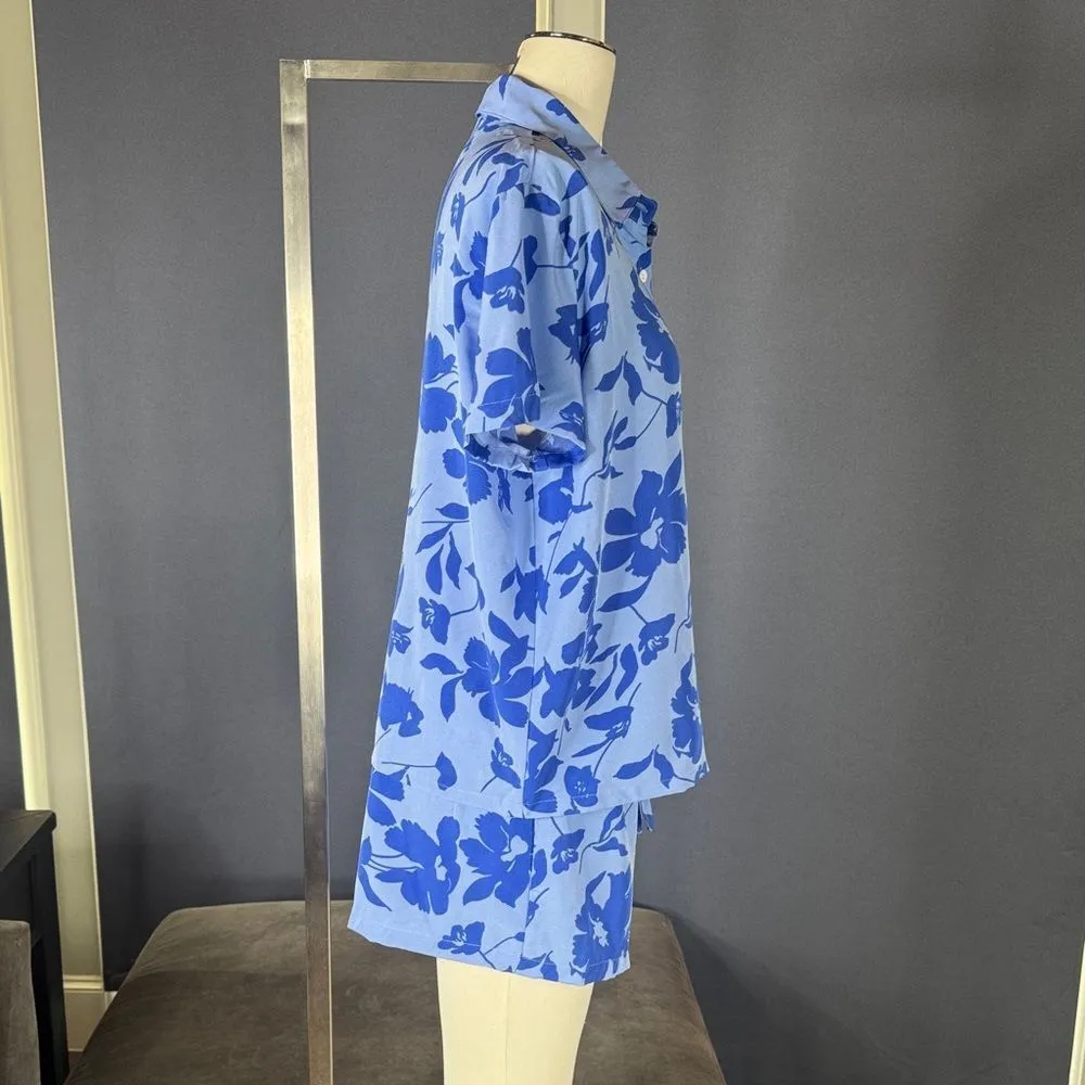 Women’s Blue Floral 2 Piece Button Up Shirt & Shorts Pajama Set Size L NEW Blue Size L - Image 3