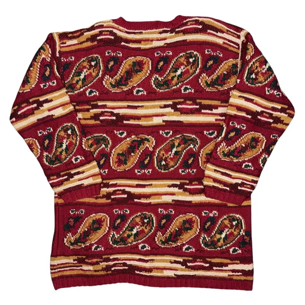 VTG Adrienne Vittadini Wool Blend Tapestry Knit Sweater XL Paisley Coogi Style Red - Image 2