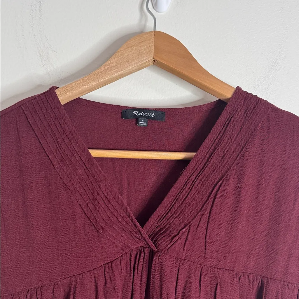 Madewell Deep Burgundy Lusterweave Pintuck V-neck Loose Fit Boxy Blouse size S - Image 4