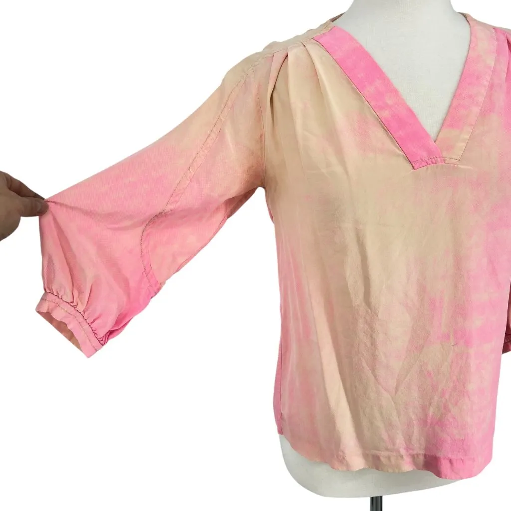 Diane Von Furstenberg Neon Spray Tie Dye 100% Silk Blouse Pink Peach Size 4 - Image 5
