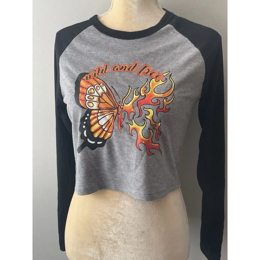 Y2K Faded Rose Wild Free Butterfly Graphic Crop T Shirt Ribbed Large - Image 3