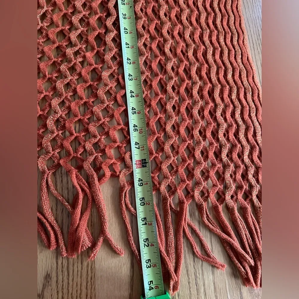 Bohemian Knit Shawl Handmade Hippie Wrap Orange Metallic Fringe Fall Winter - Image 7