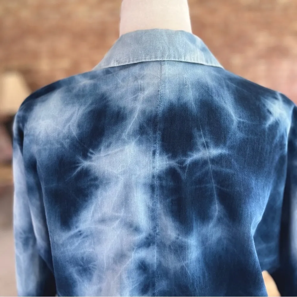 Zara Top Indigo Batik Shirt Blue Chambray Tie Dye Raw Hem High Low XS - Image 10