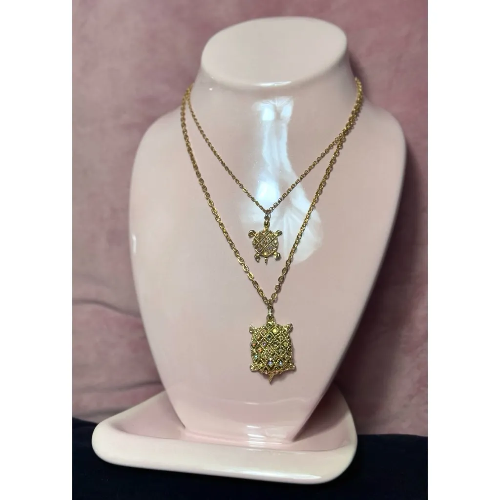 Vintage Gold Jeweled Turtle Mother Baby Layered Pendant Necklace - Image 2