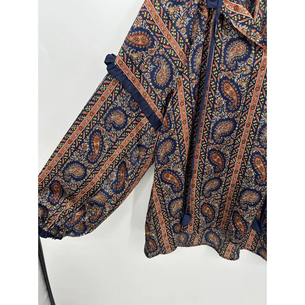 Umgee Womens Boho Peasant Top Size S Navy Blue Orange Paisley Oversized Shirt - Image 3