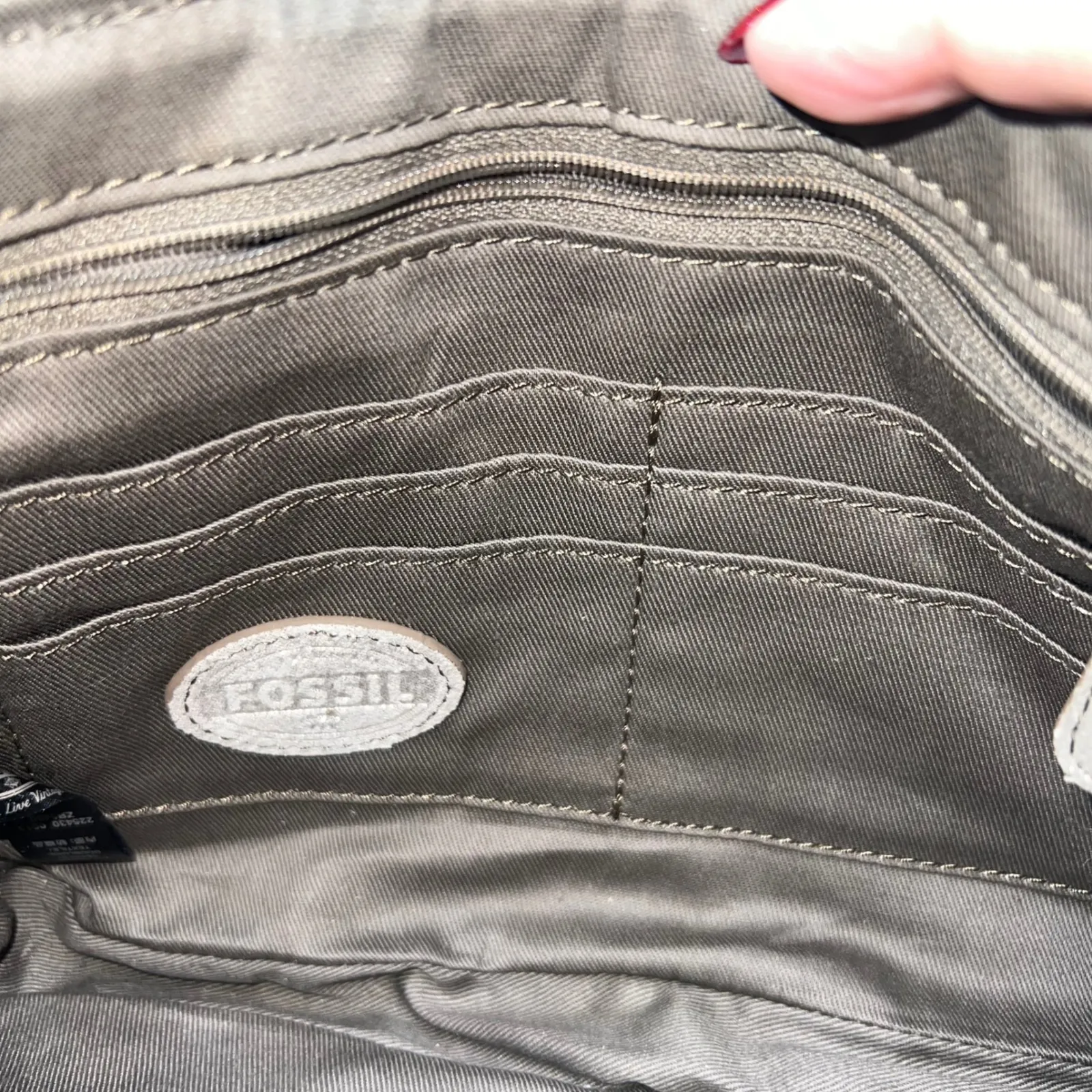 Fossil Glitter Suede Crossbody Bag Shimmer Taupe Gold Tone Zip Pockets - Image 6