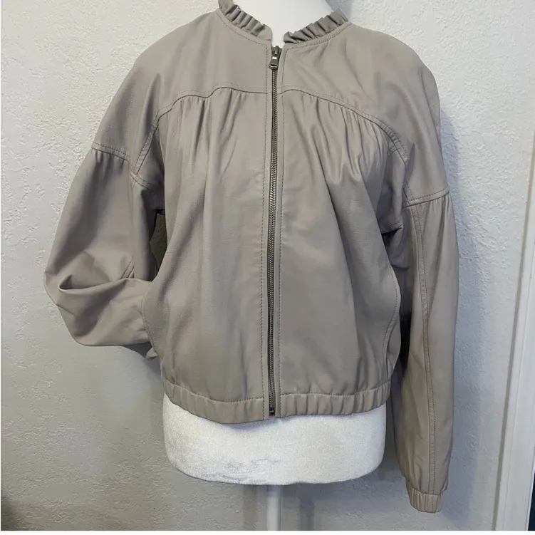 Rebecca Taylor light grey lamb leather ruffle trim bomber jacket 8 - Image 2
