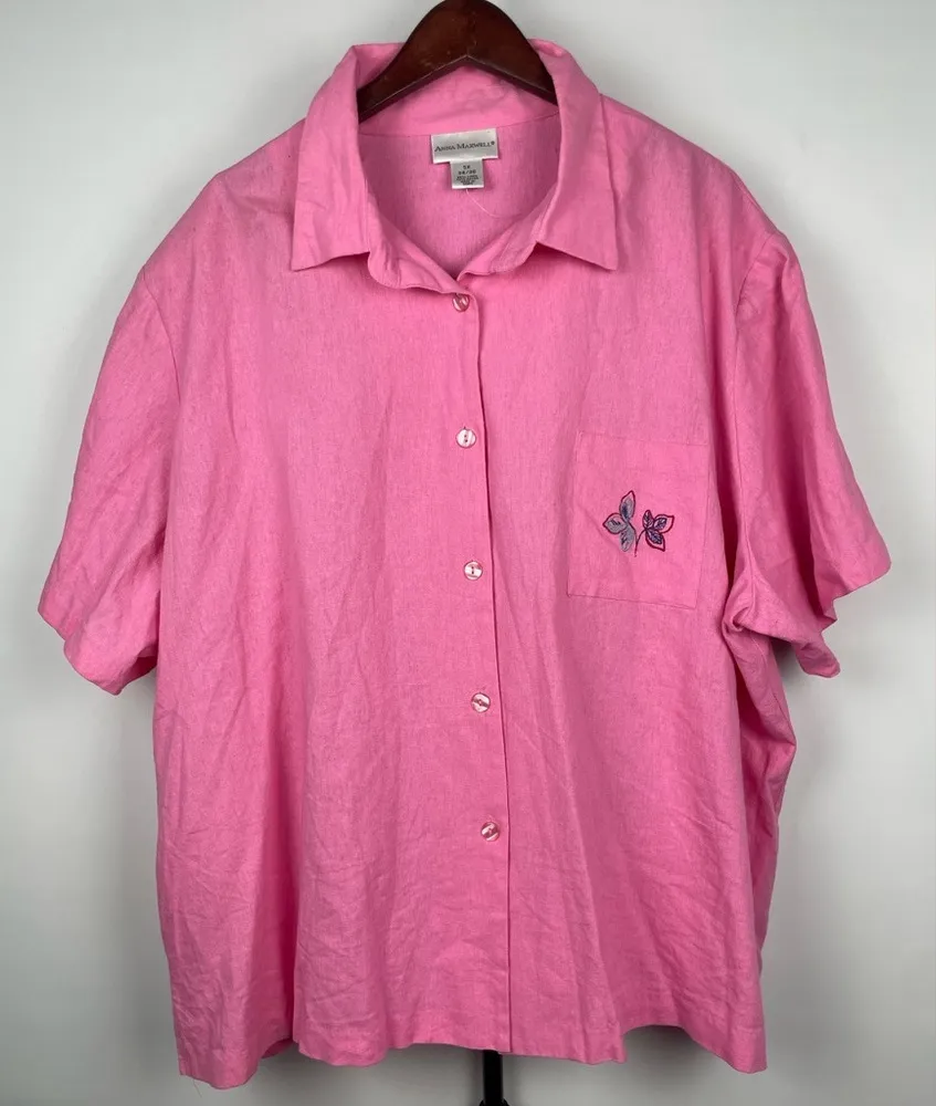 Anna Maxwell Pink Linen Blend Embroidered Floral Short Sleeve Button Up Shirt Size 5X - Image 1