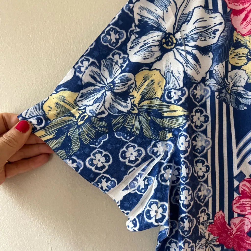 Chicos Sz XL Floral Slub Short Sleeve Tee Shirt Pullover Blouse Top Blue Pink - Image 4