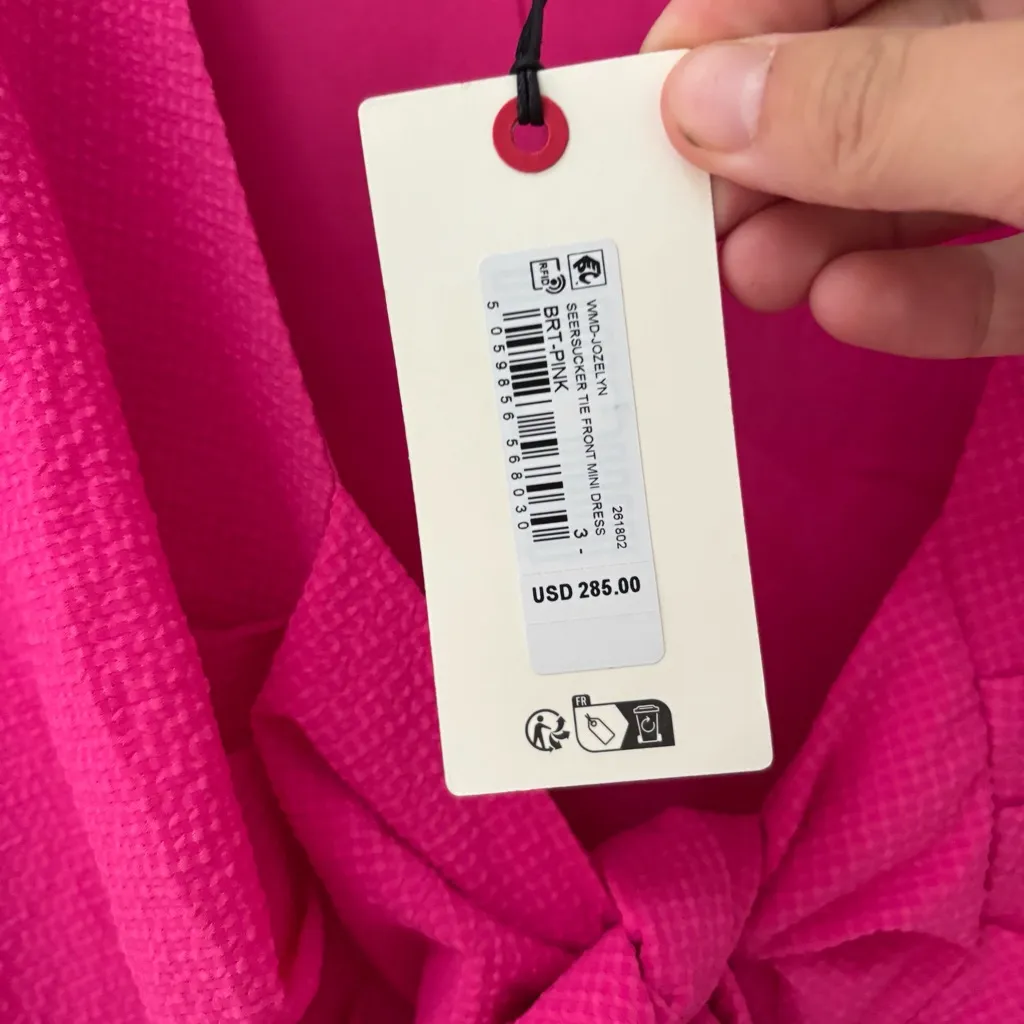 Ted Baker Dress Womens Size 3 Seersucker Tie Front Mini Dress Hot Pink NEW W TAG - Image 4