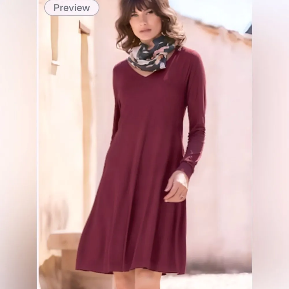 Peruvian Connection Astrid Long Sleeve Swing Dress Large Midi Burgundy Red Berry - Image 3